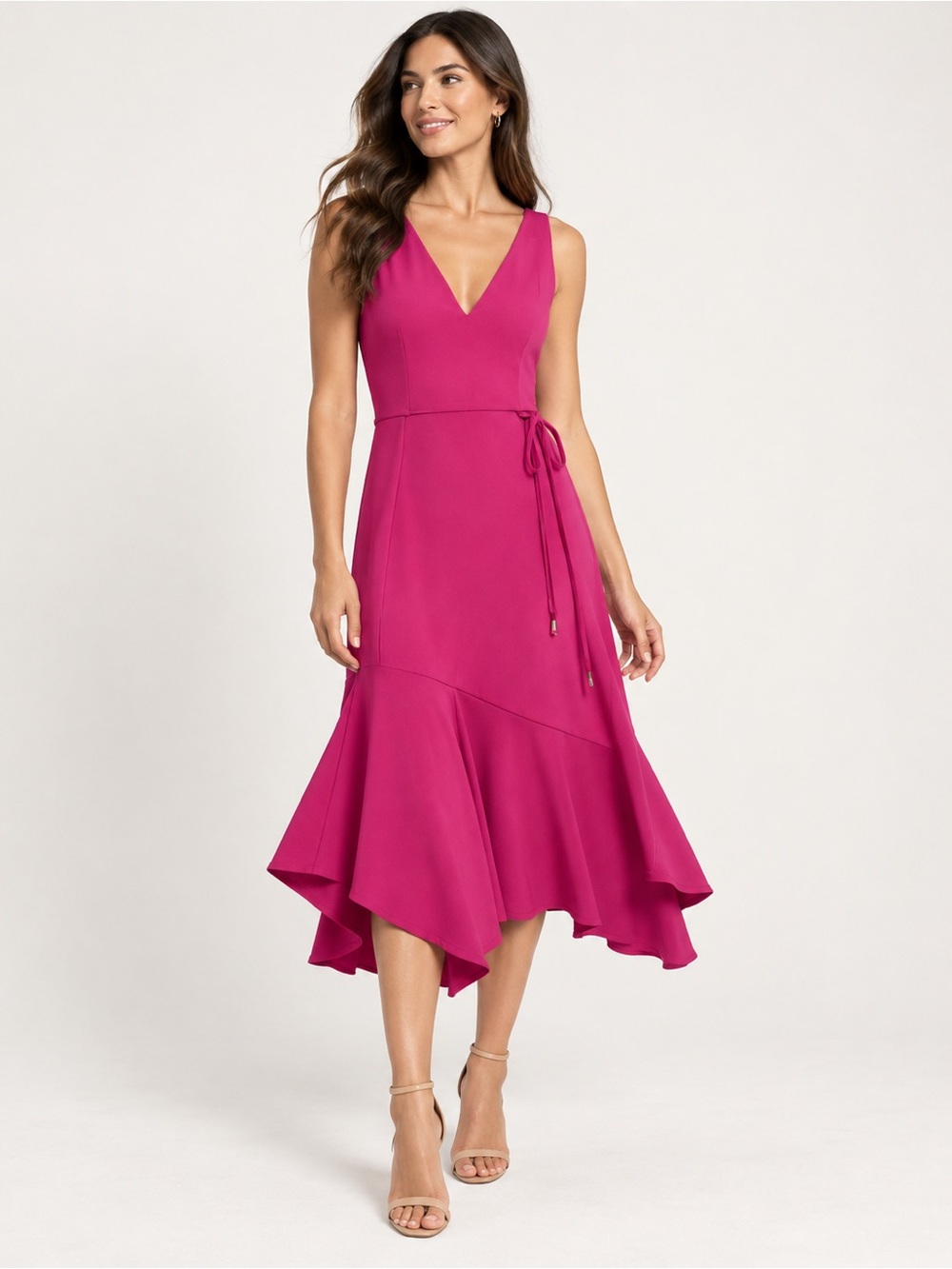 Vince Camuto Fuchsia Sleeveless V-Neck Midi Dress with Waist Tie